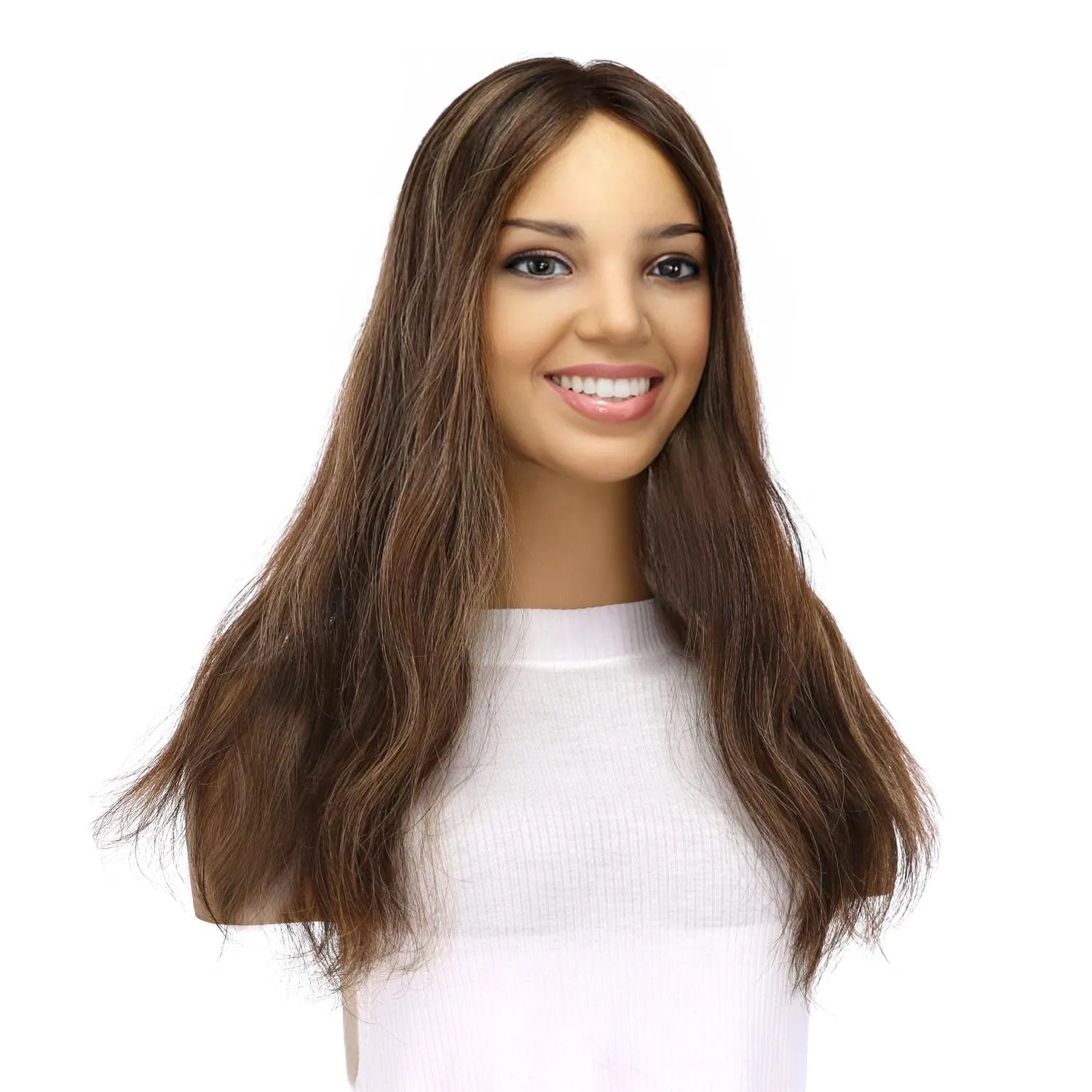 18" Topaz Lace Top Topper Dark Brown w/ Highlights Slightly Wavy