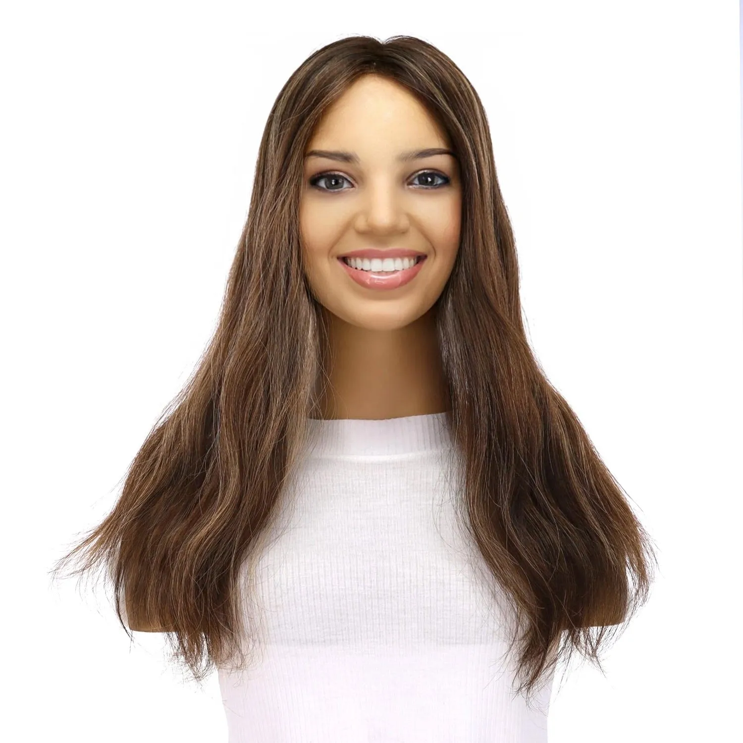 18" Topaz Lace Top Topper Dark Brown w/ Highlights Slightly Wavy