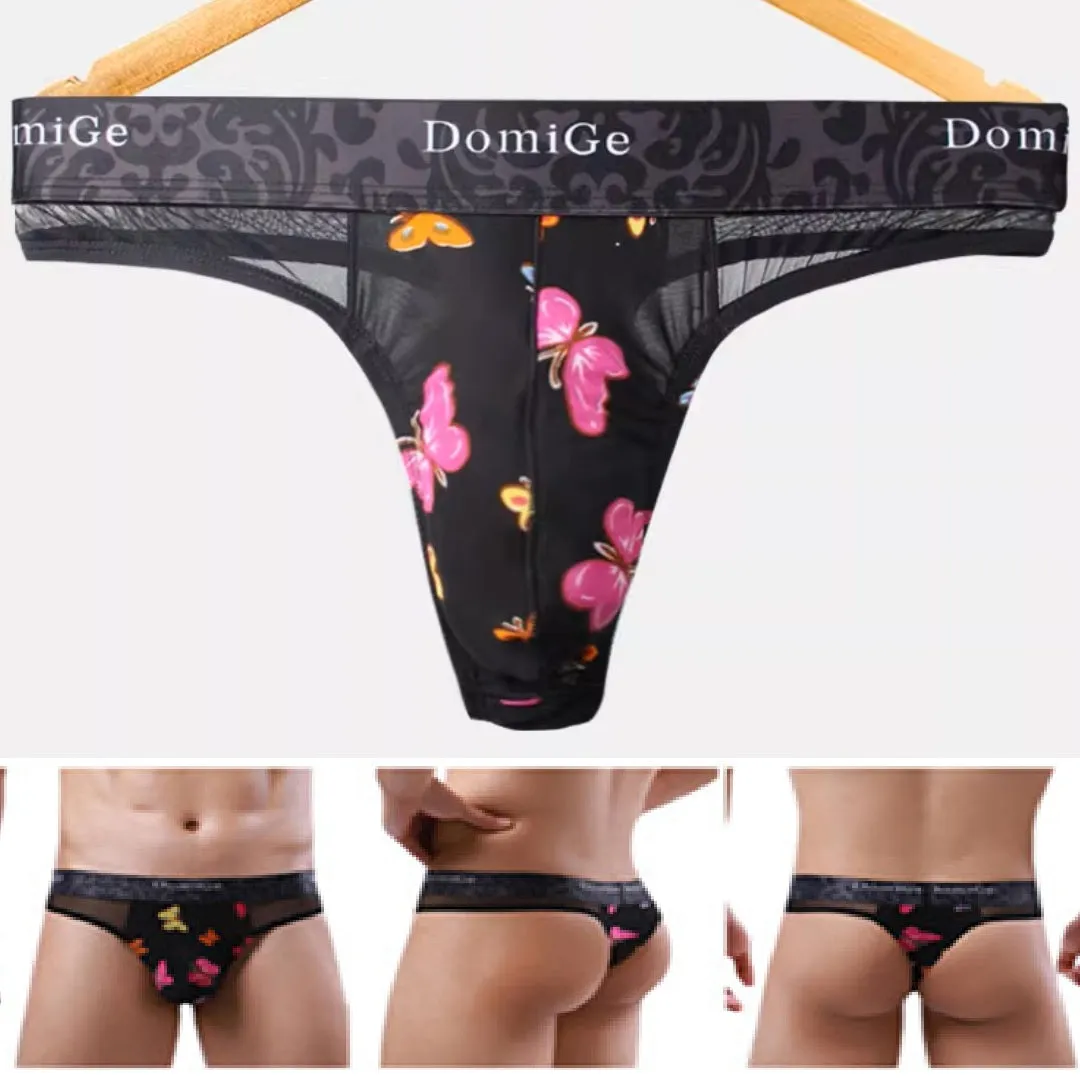 Domige Men's Thong String Underwear - Mesh G-String Briefs with Pouch Support