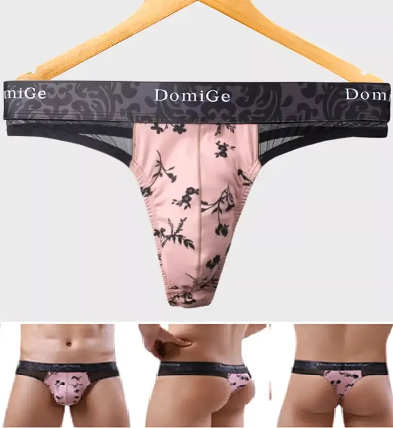 Domige Men's Thong String Underwear - Mesh G-String Briefs with Pouch Support