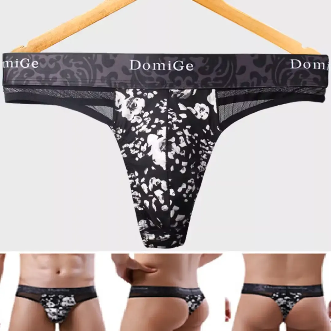Domige Men's Thong String Underwear - Mesh G-String Briefs with Pouch Support