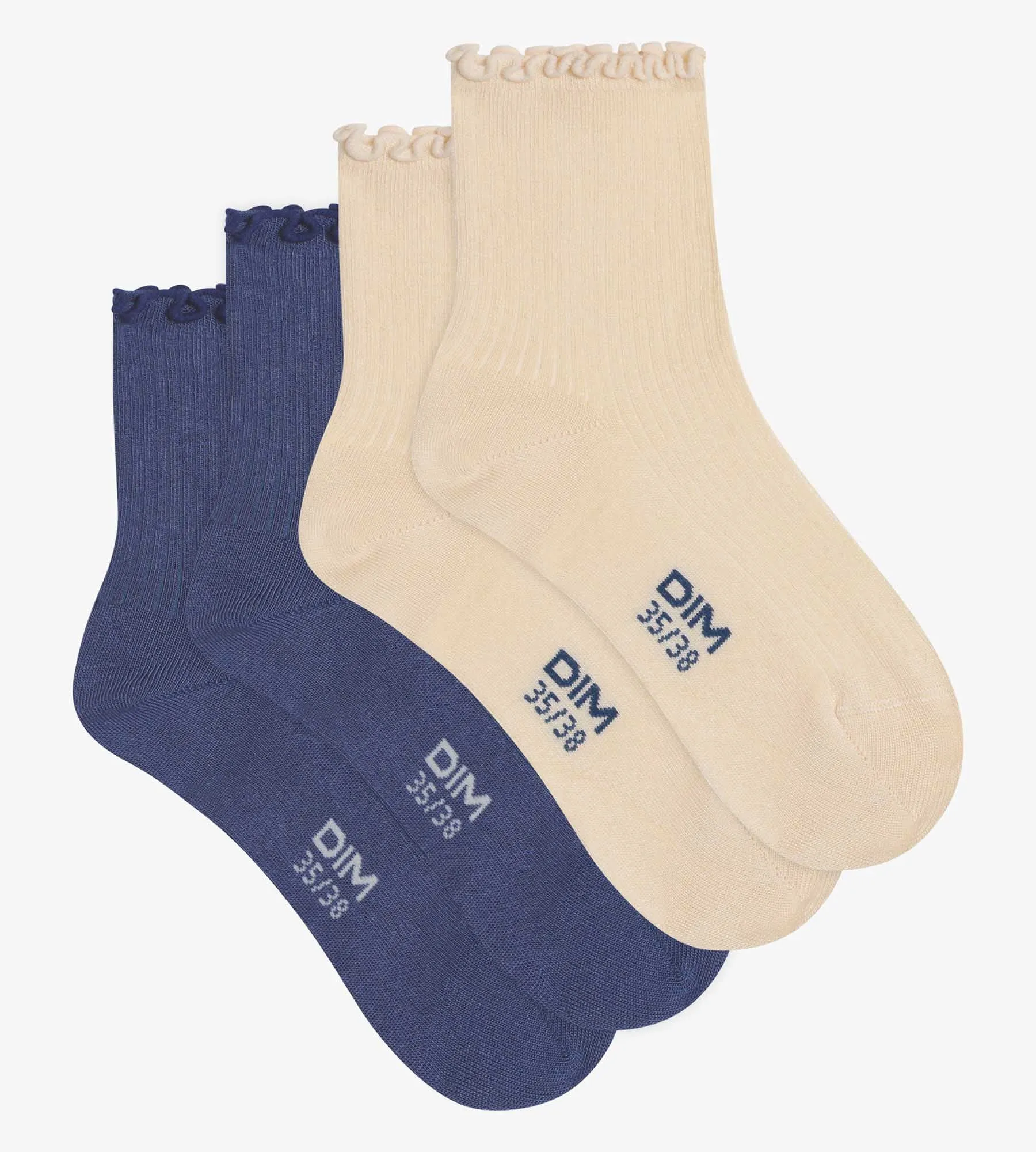 Lot de 2 paires de chaussettes femme à volants Bleu Crème Dim Modal
