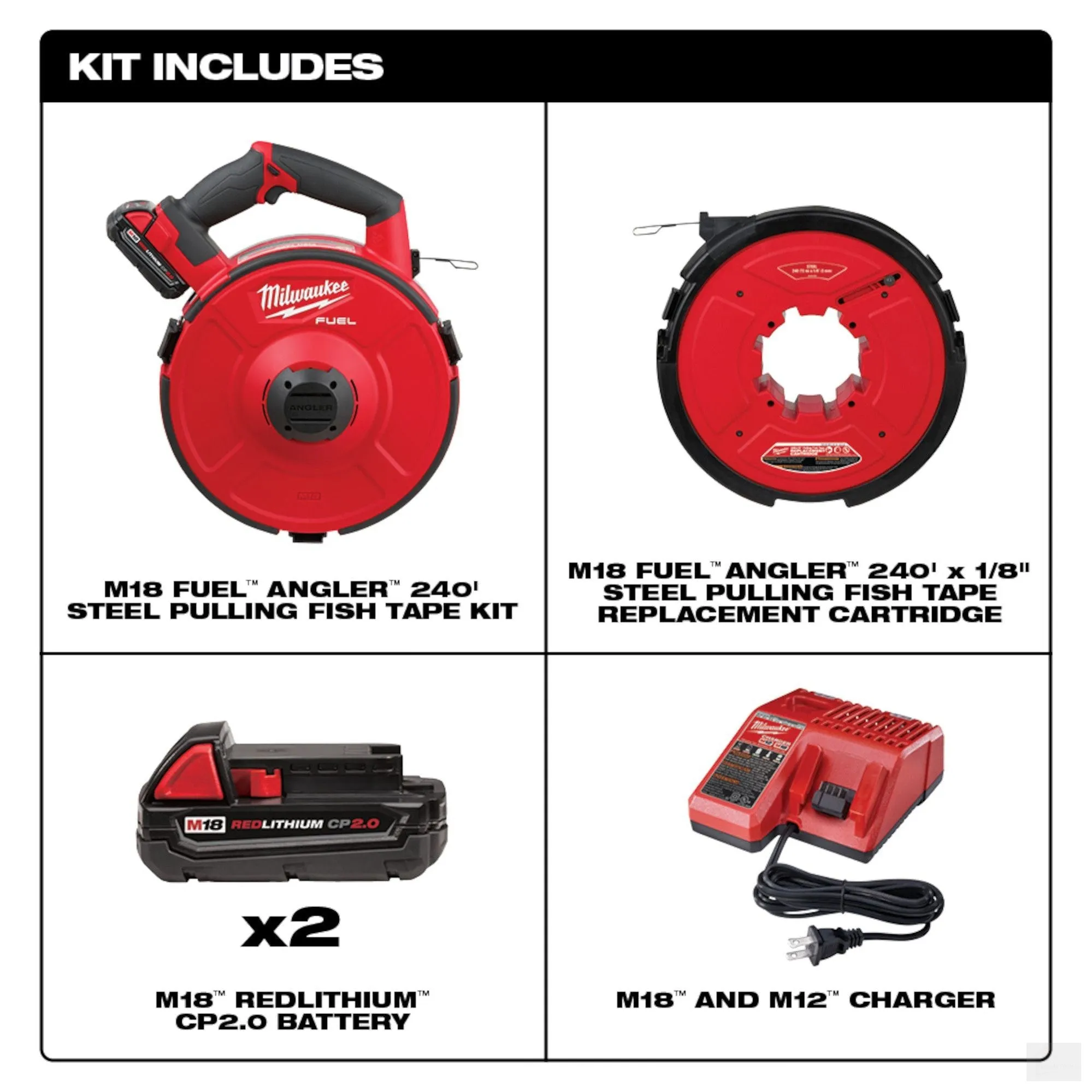 Milwaukee M18 FUEL™ ANGLER™ 240'ft Steel Pulling Fish Tape Kit (2873B-22)