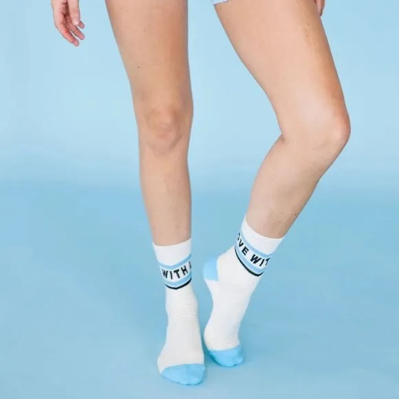 Move With Love Crew Grip Sock - White/Blue (Barre / Pilates)