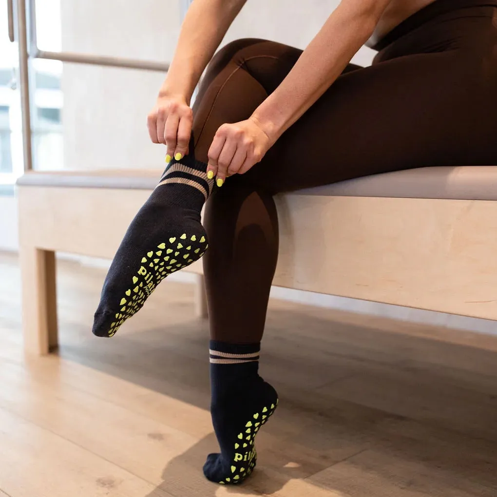 Solid Black & Brown - Crew Grip Sock (Barre / Pilates)