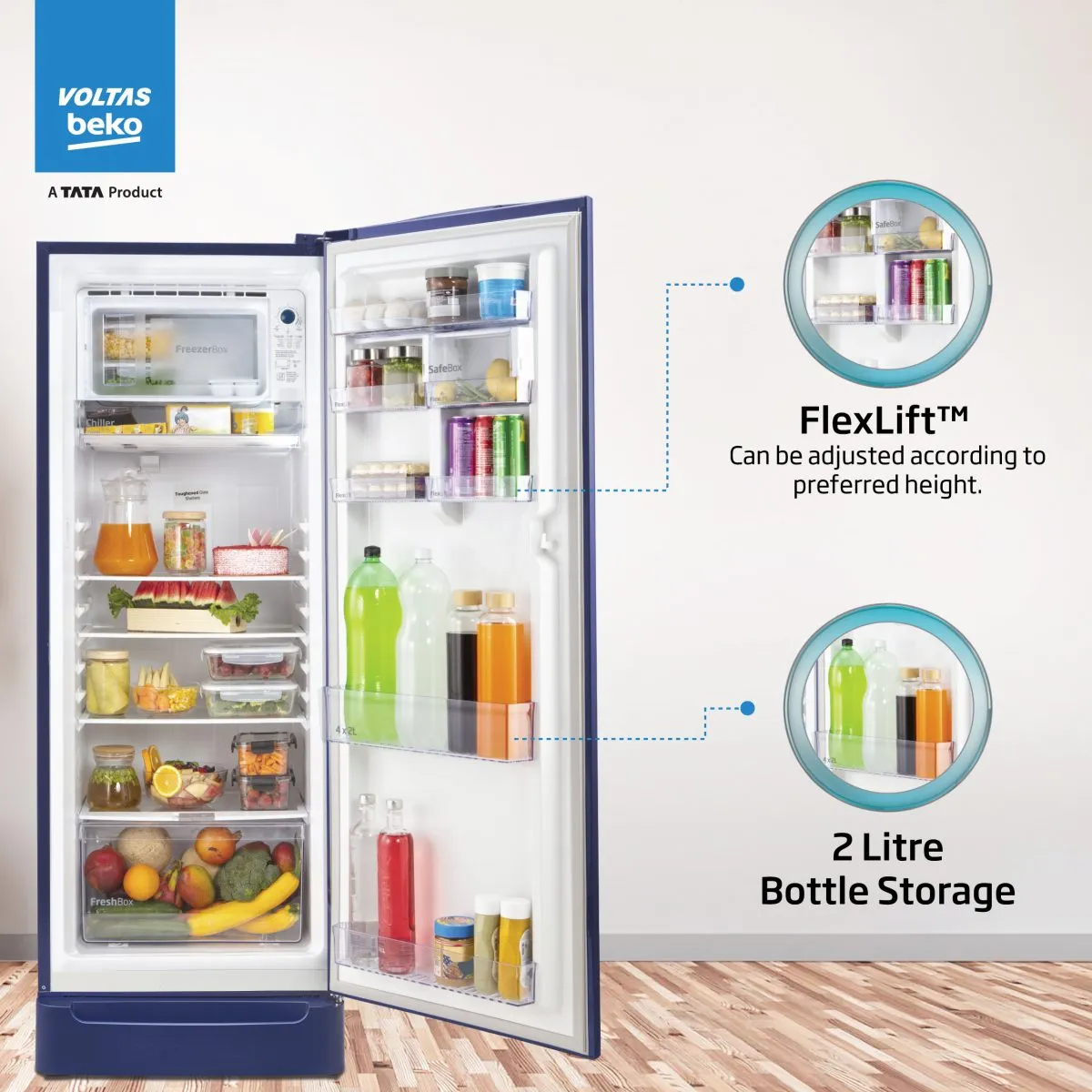 Voltas Beko 185 L, 5 Star, Direct Cool Single Door Refrigerator (Bonita Blue)