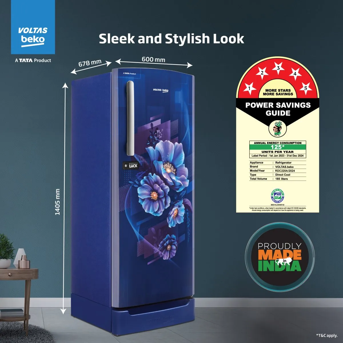 Voltas Beko 185 L, 5 Star, Direct Cool Single Door Refrigerator (Bonita Blue)