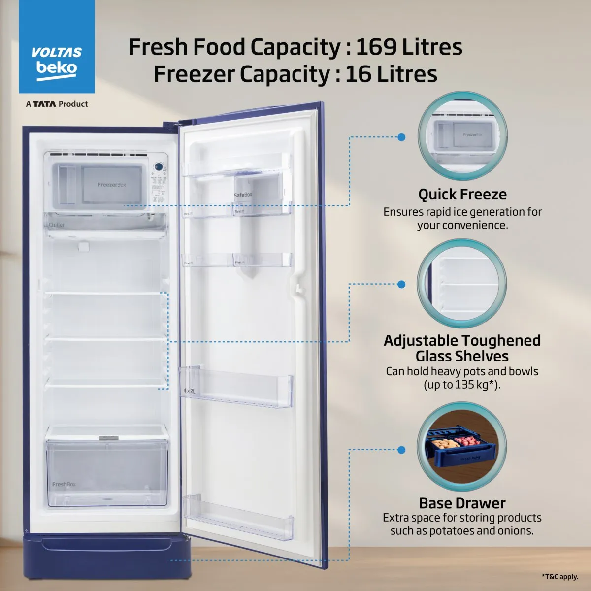 Voltas Beko 185 L, 5 Star, Direct Cool Single Door Refrigerator (Bonita Blue)