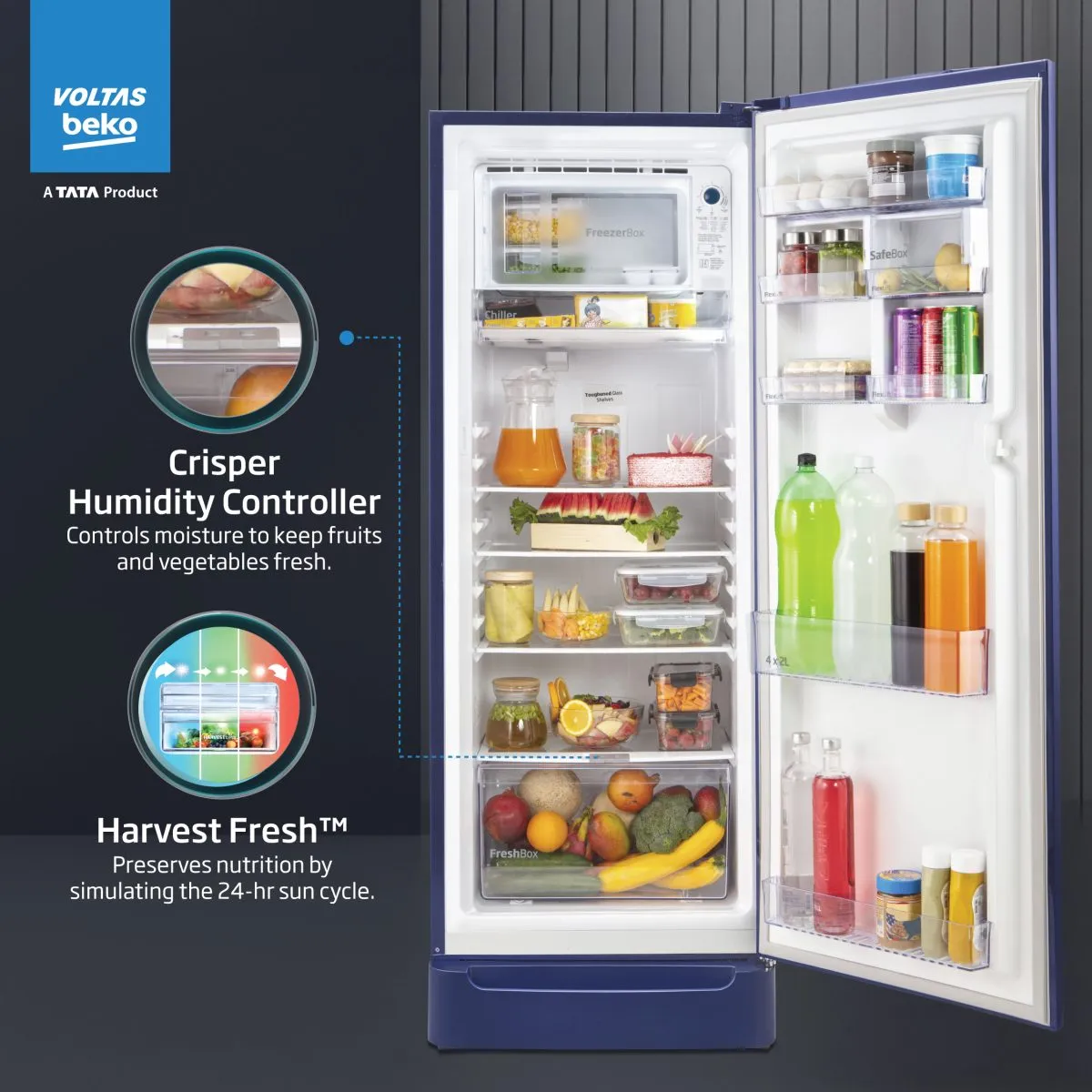 Voltas Beko 185 L, 5 Star, Direct Cool Single Door Refrigerator (Bonita Blue)