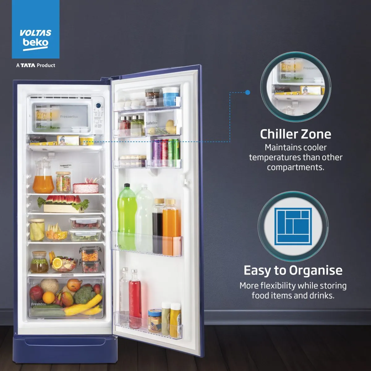 Voltas Beko 185 L, 5 Star, Direct Cool Single Door Refrigerator (Bonita Blue)
