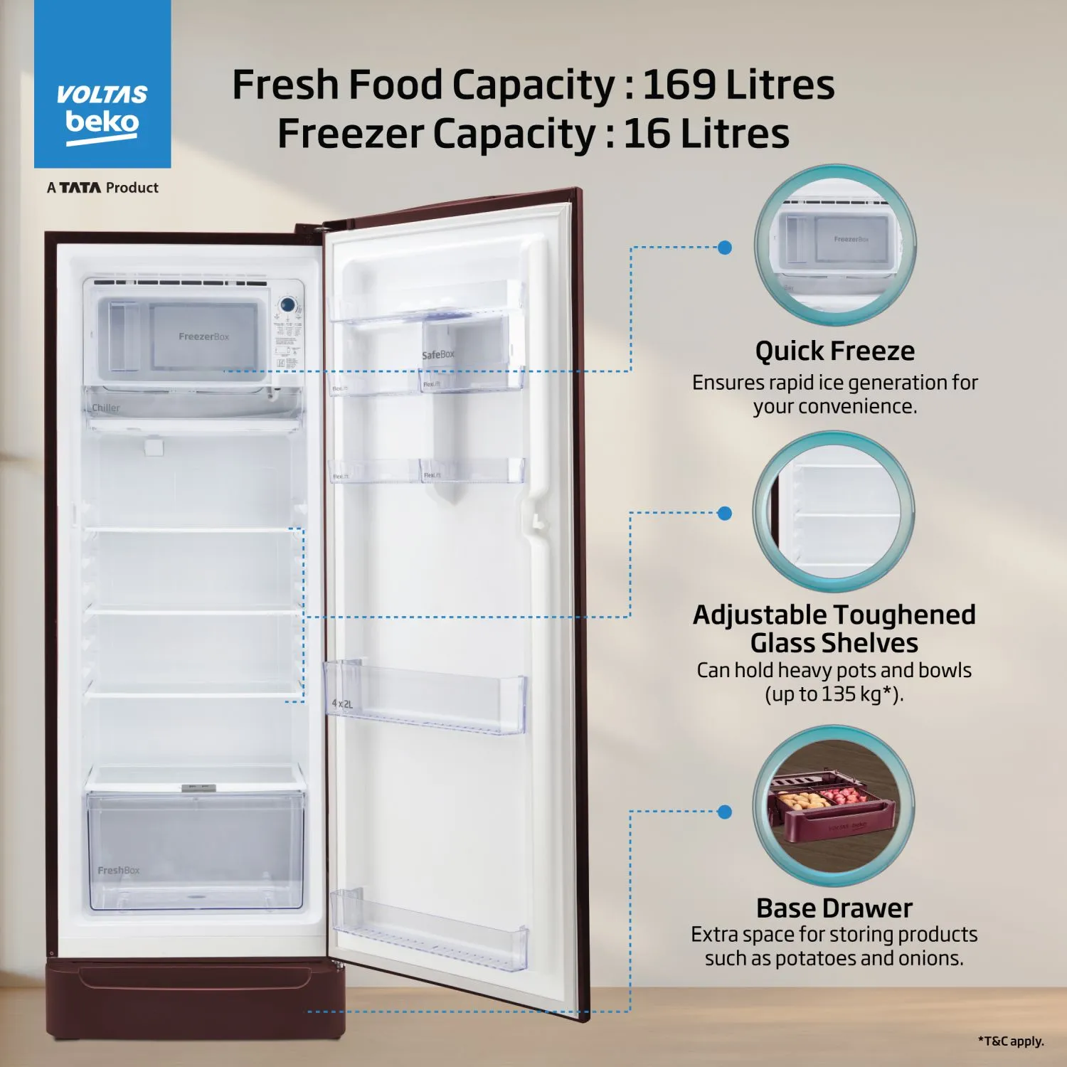 Voltas Beko 185 L, 5 Star, Direct Cool Single Door Refrigerator (Bonita Wine)