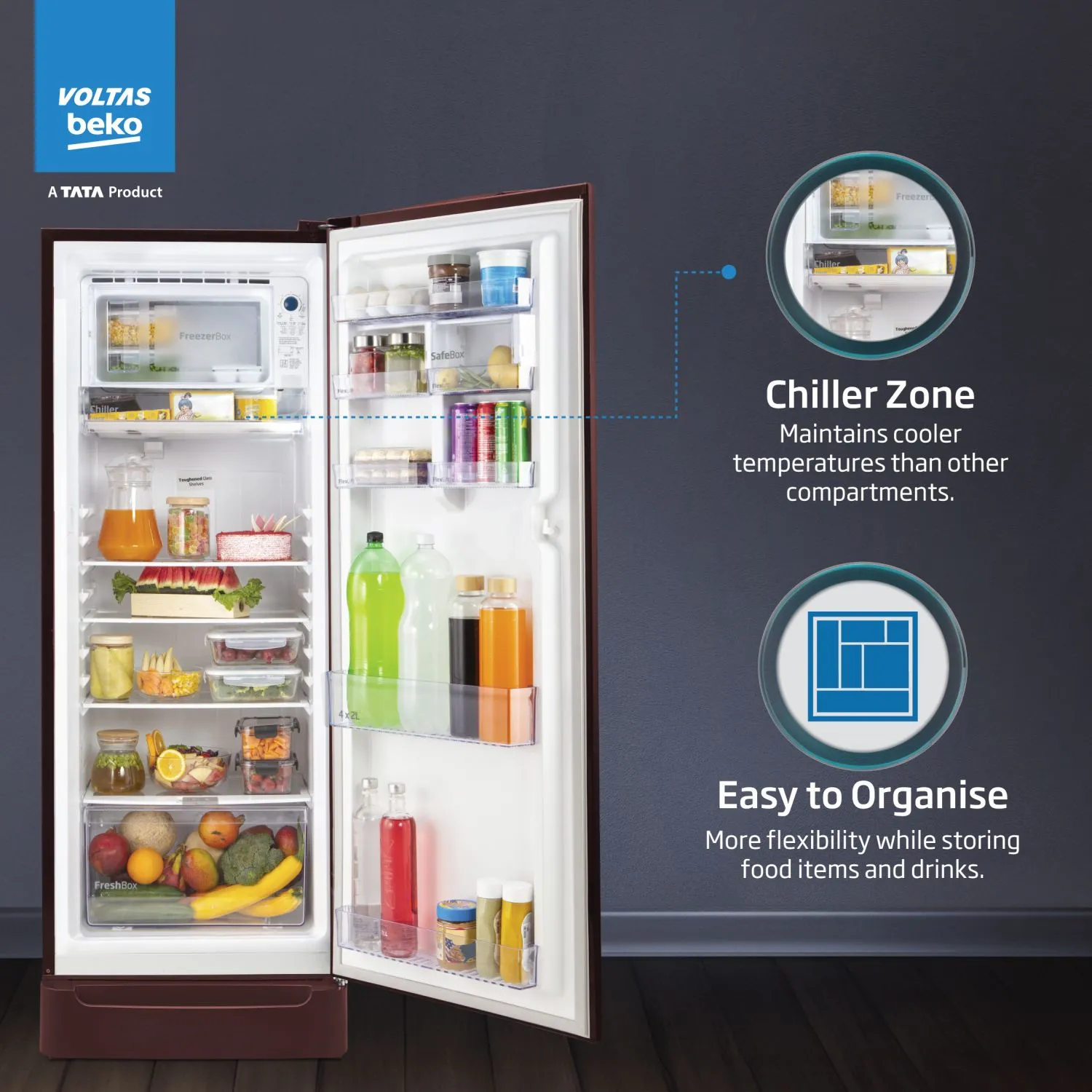 Voltas Beko 185 L, 5 Star, Direct Cool Single Door Refrigerator (Bonita Wine)