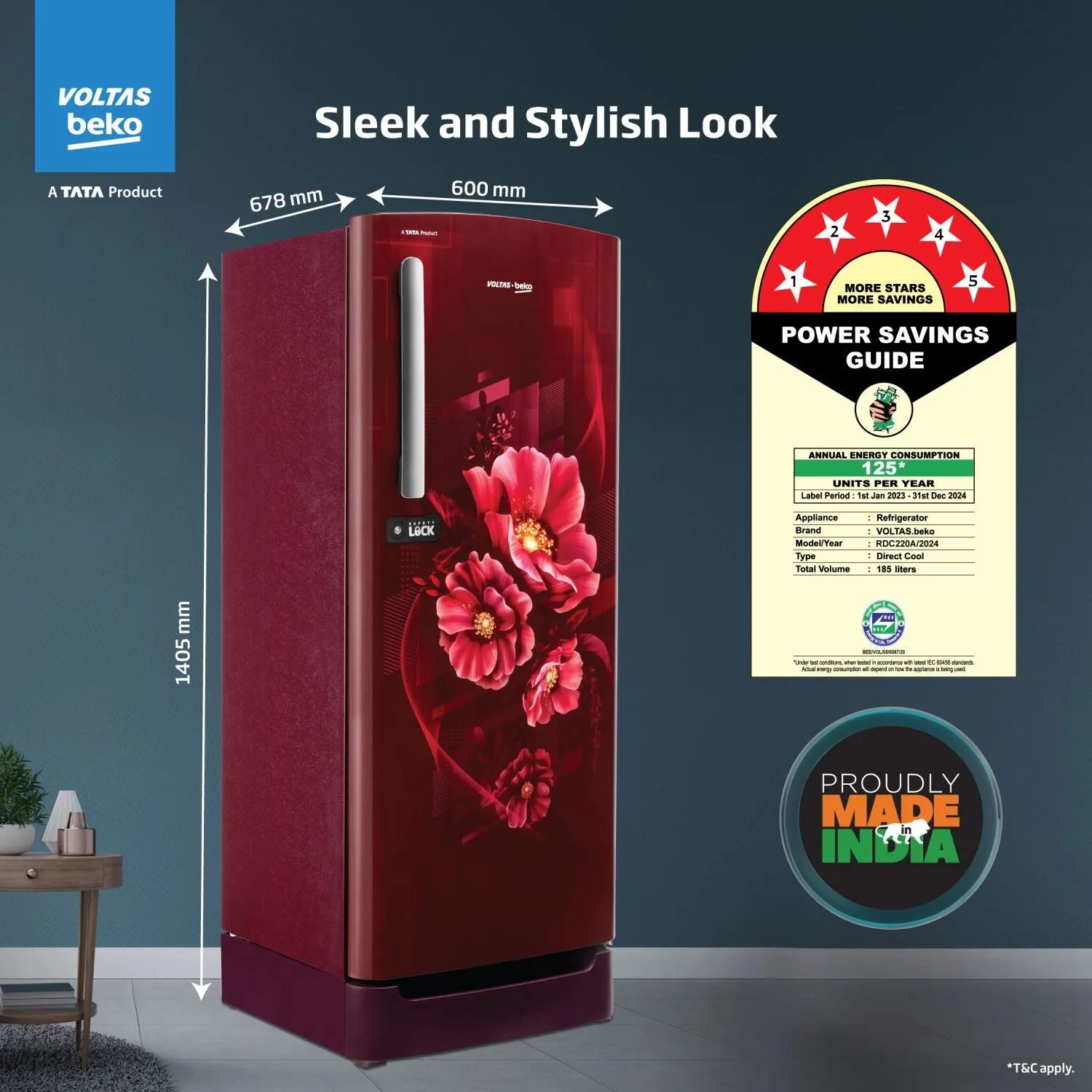 Voltas Beko 185 L, 5 Star, Direct Cool Single Door Refrigerator (Bonita Wine)