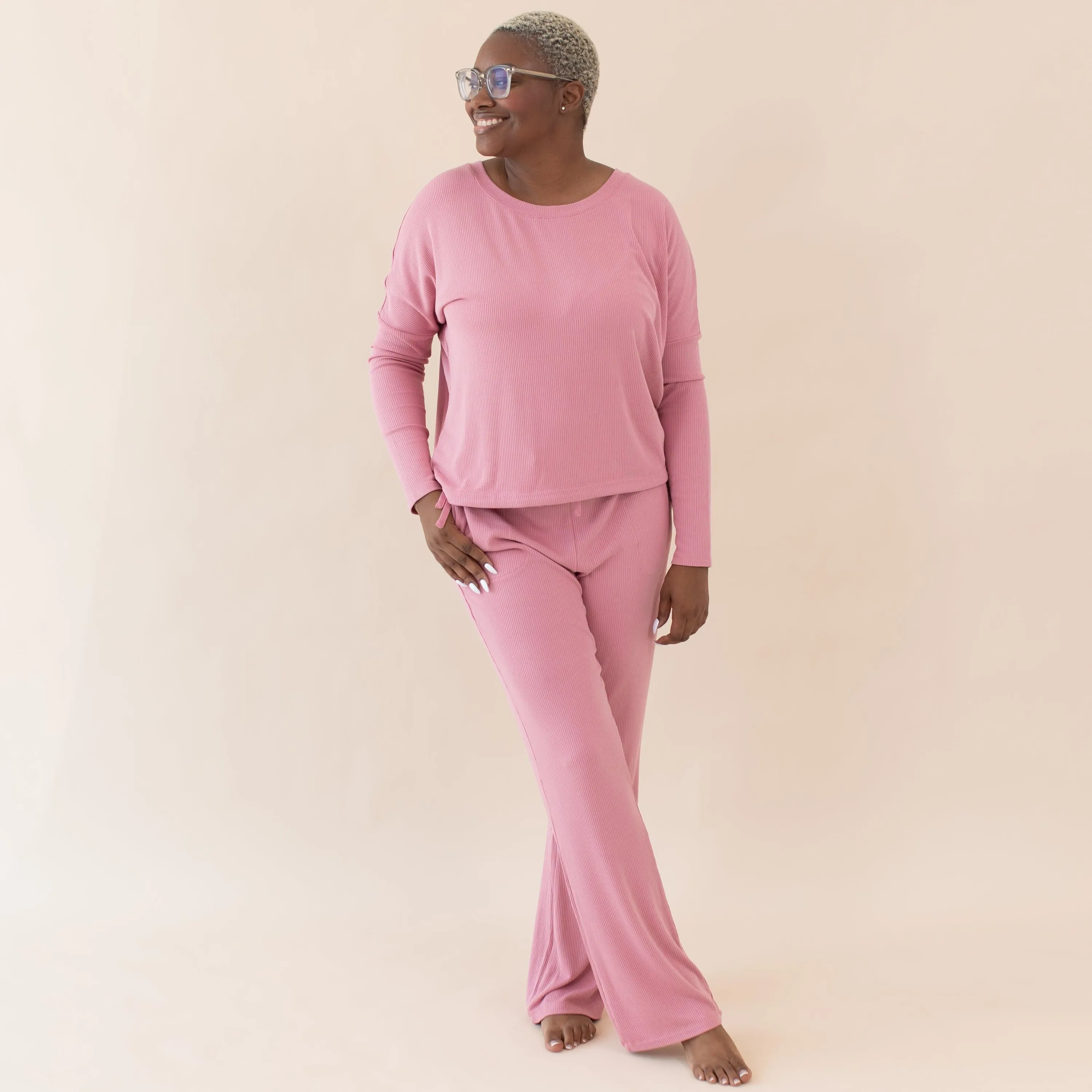 Women's Ribbed Long Sleeve Drop Shoulder Top in Apple Blossom