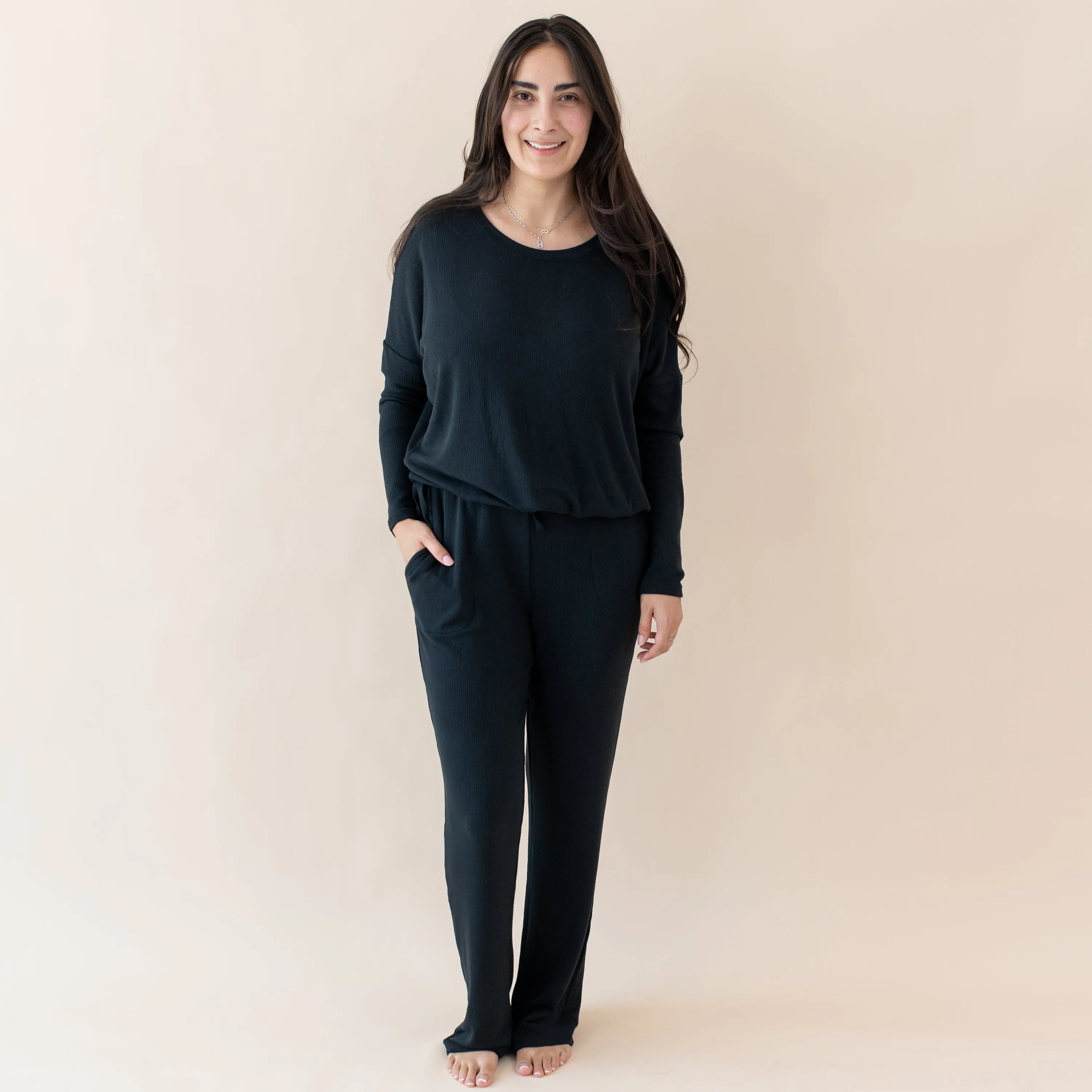 Women's Ribbed Long Sleeve Drop Shoulder Top in Midnight