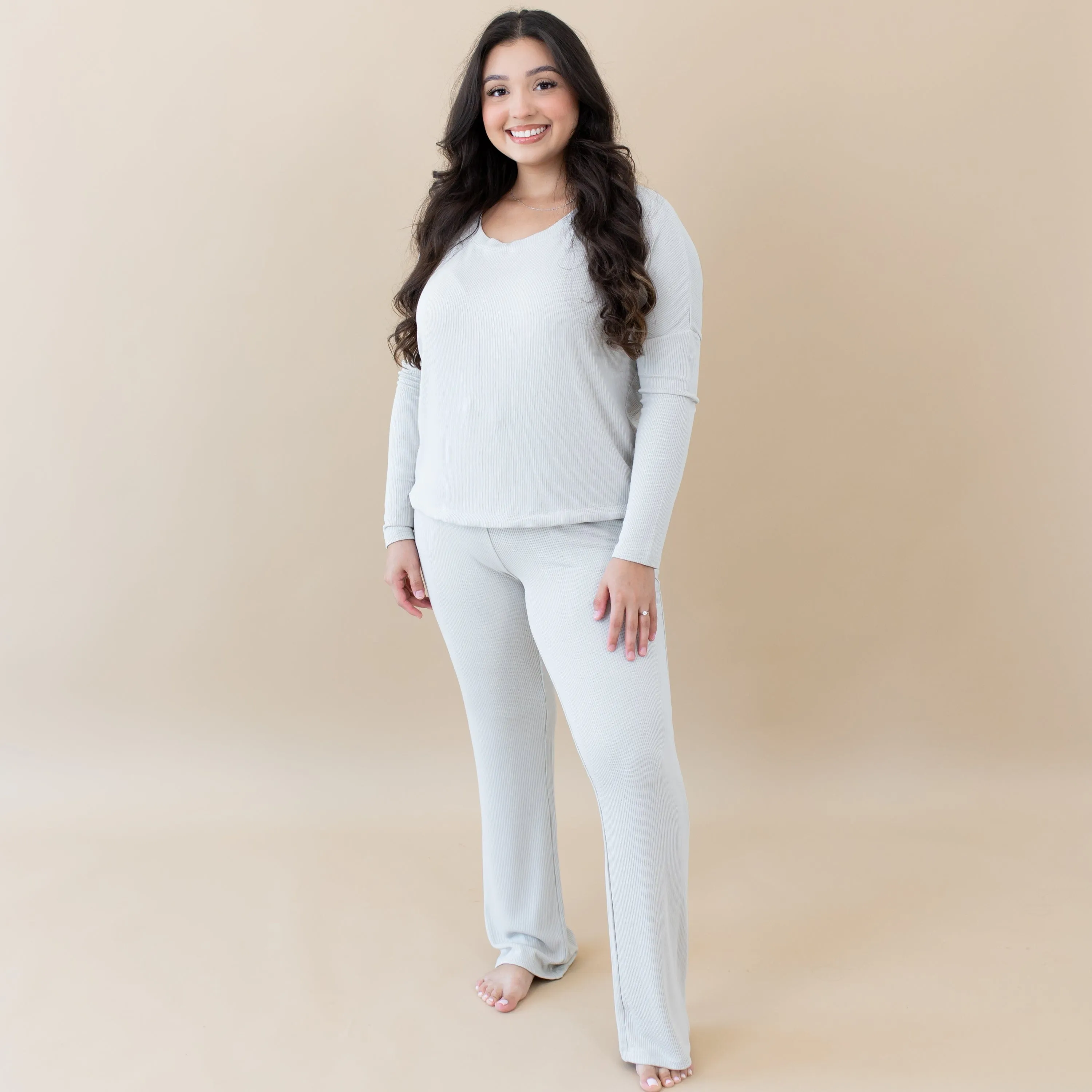 Women's Ribbed Long Sleeve Drop Shoulder Top in Oat